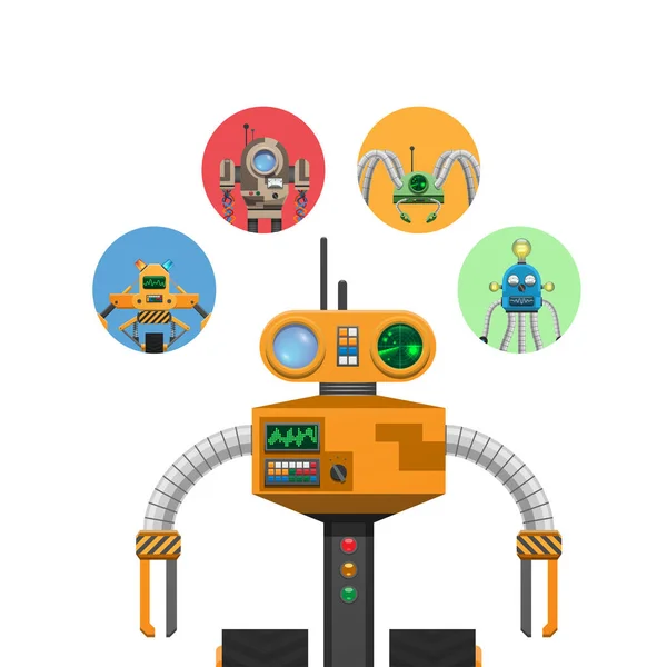 Robot mecánico naranja con indicadores y antenas — Vector de stock