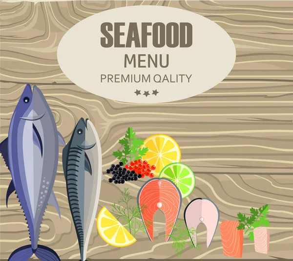 Menú de restaurante de mariscos con pescado en la tabla de cortar — Vector de stock