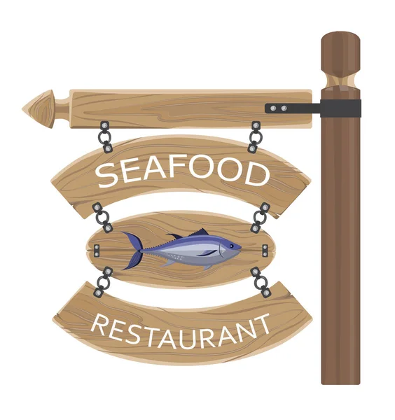 Restoran deniz ürünleri reklam ahşap kurullarında — Stok Vektör