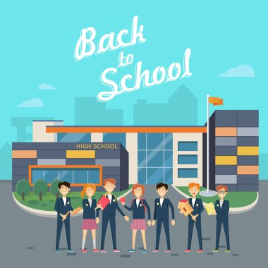 Okula dönüş. Okul bahçesinde öğrenciler ile öğretmen