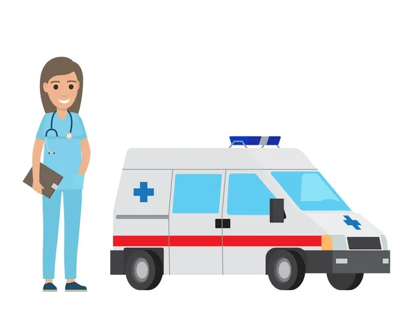 Cheerful Nurse with Ambulance Car Flat Design — Stock Vector