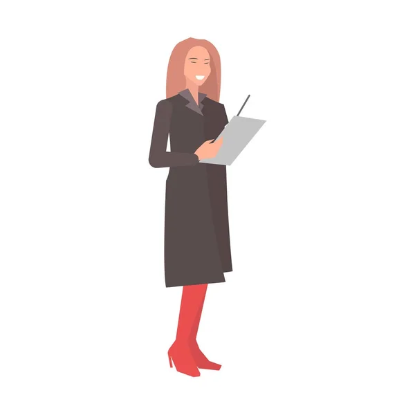 Mujer sonriente se prepara para la discusión Diseño plano — Vector de stock