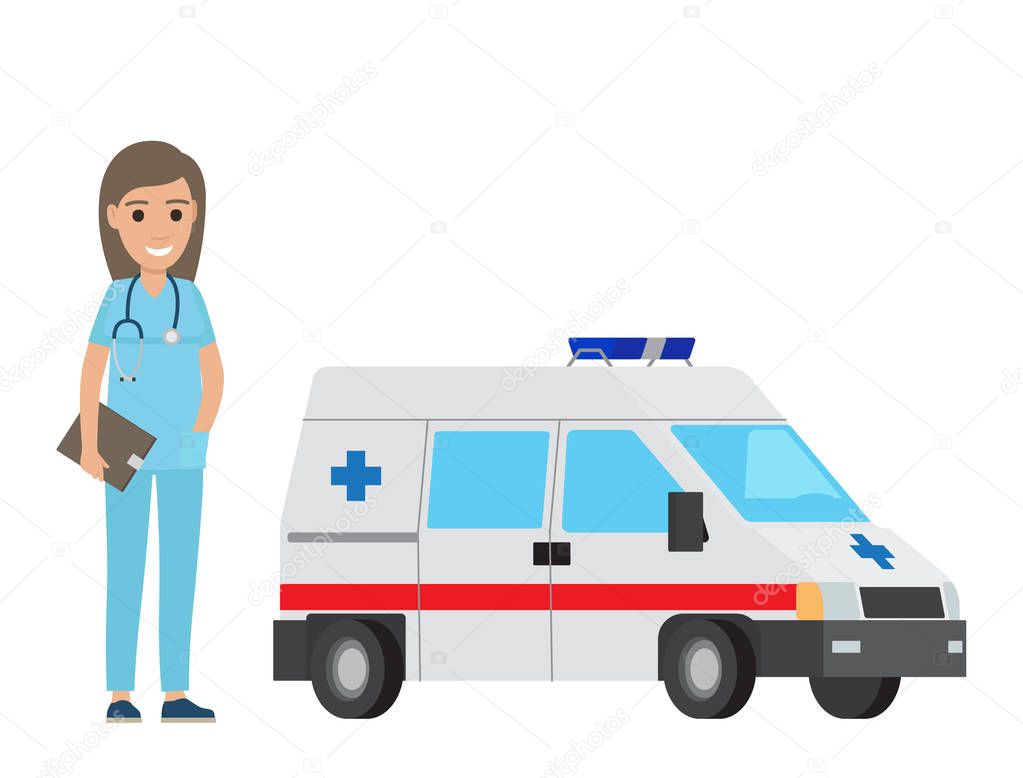 Cheerful Nurse with Ambulance Car Flat Design