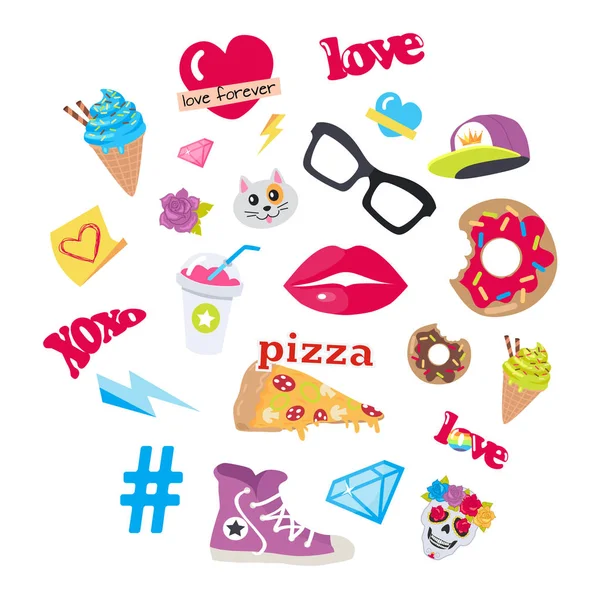 Vector iconos conjunto pegatinas snack accesorios artículos — Archivo Imágenes Vectoriales