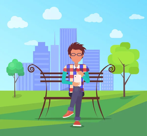 Passer du temps dans Park Vector Banner. Homme sur banc — Image vectorielle