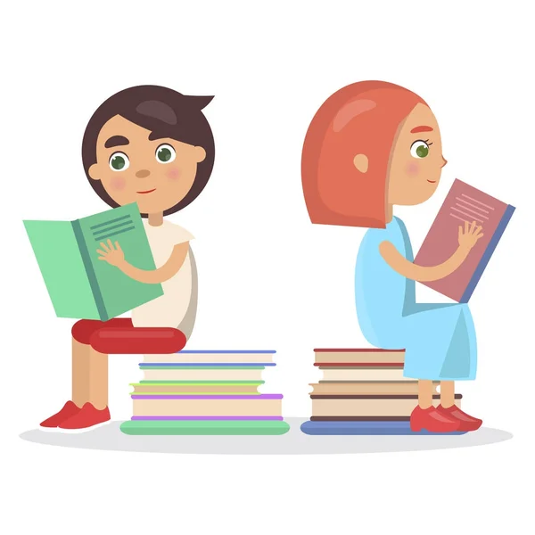 Девочка и мальчик с открытым учебником сидят на книгах — стоковый вектор