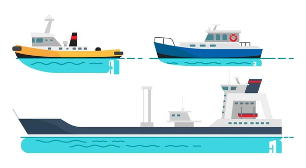 Bateau de pêche, petit vapeur et grand cargo — Image vectorielle