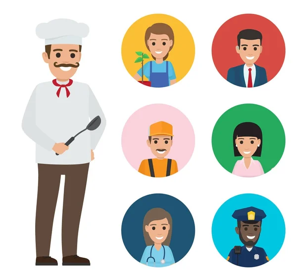 Italian Chef and Set of People of Different Jobs — Stock Vector