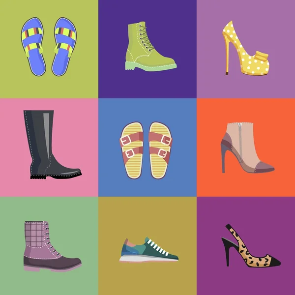 Set of Women Footwear Summer and Autumn Nine Icons — Stock Vector