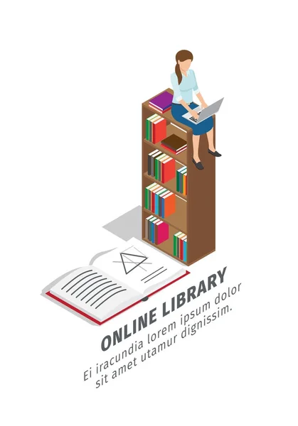 Cartel promocional de la biblioteca en línea grande con los libros — Archivo Imágenes Vectoriales