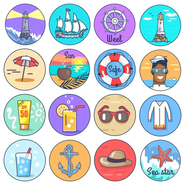 Conjunto de ícones representando vários itens marinhos — Vetor de Stock