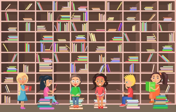 Τα παιδιά στη βιβλιοθήκη Διαβάστε τα βιβλία εκτός από βιβλιοθήκη — Διανυσματικό Αρχείο