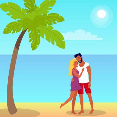 Couple Stands and Hugs on Beach in Palm Shade