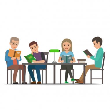 Çizgi film insan masasında kitap okur. Kütüphane Oda