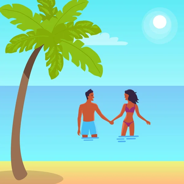 Плакат щасливої пари стоїть в морі — стоковий вектор