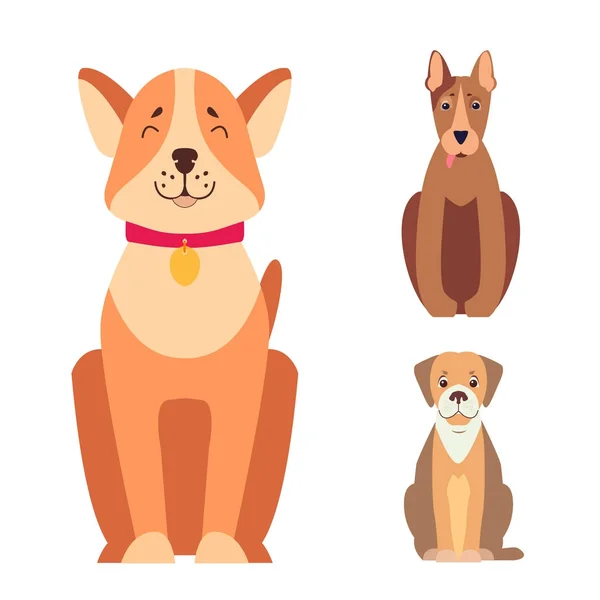 Cute Purebred Dogs Cartoon Flat Vectors Icons Set — Stock Vector