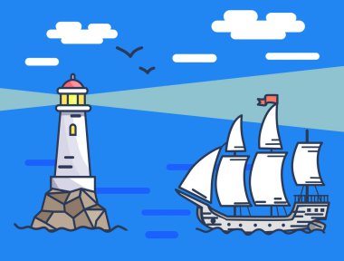 Banner anlatan deniz feneri ve gemi denizde