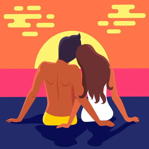 Couple assis sur la plage et regarde Blue Deep Ocean — Image vectorielle