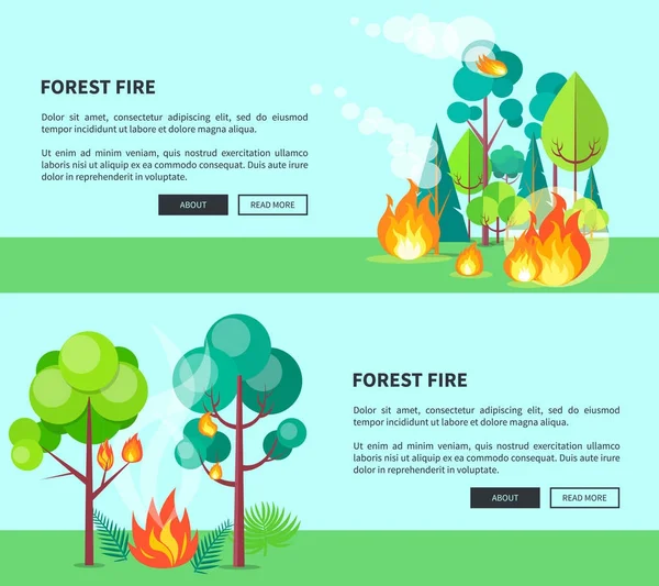 Forest Fire Set di cartoni animati con testo — Vettoriale Stock