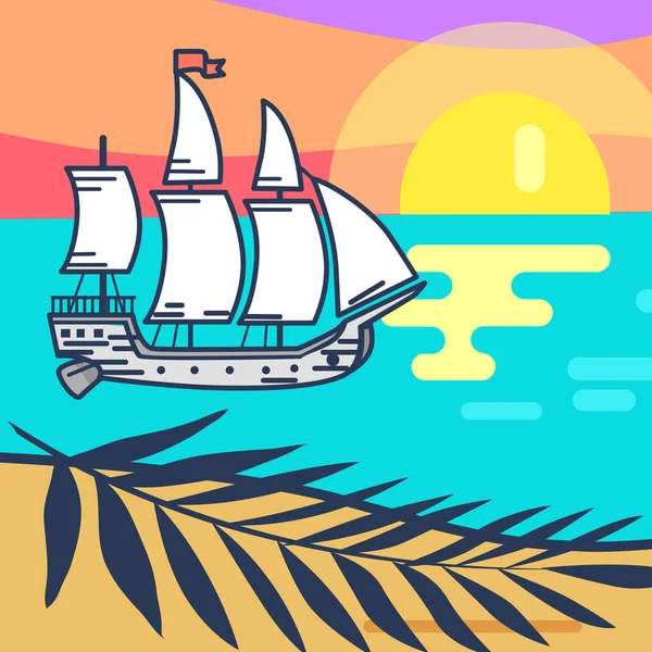 Морской пейзаж с деревянным кораблем, песчаным пляжем и закатом — стоковый вектор