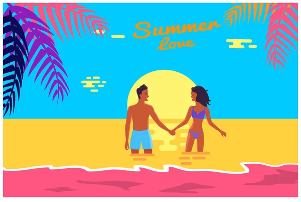 Sommer-Liebes-Poster von glücklichem Paar, das im Meer steht — Stockvektor