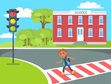 Cheerful Redhead Kid with Red Rucksack Crossing Rroad clipart