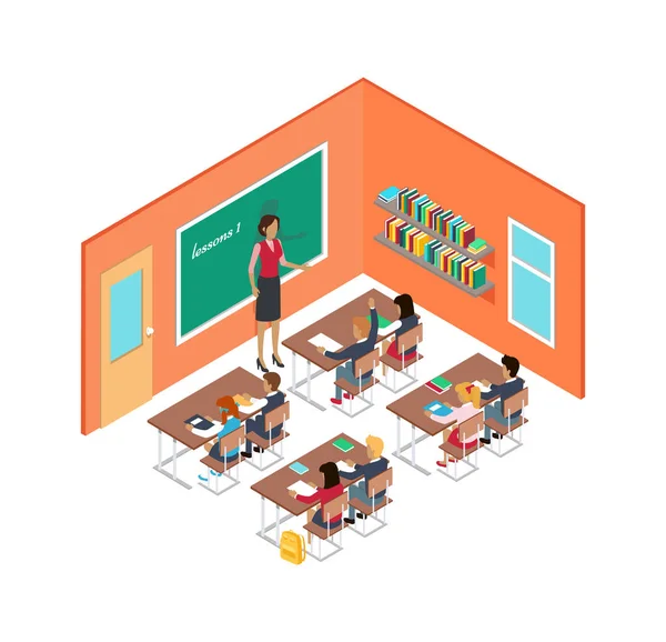 Sala de aula com professor e crianças em mesas — Vetor de Stock