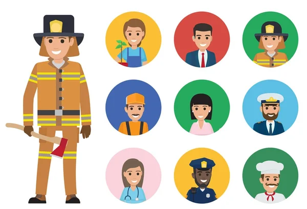 Feuerwehrmann und eine Reihe von Menschen unterschiedlicher Berufe — Stockvektor