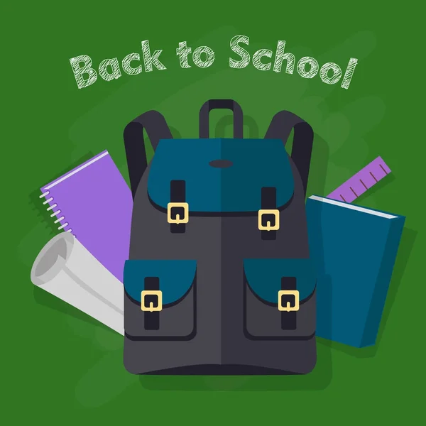 Okula dönüş. Nesneleri ile modern siyah sırt çantası — Stok Vektör