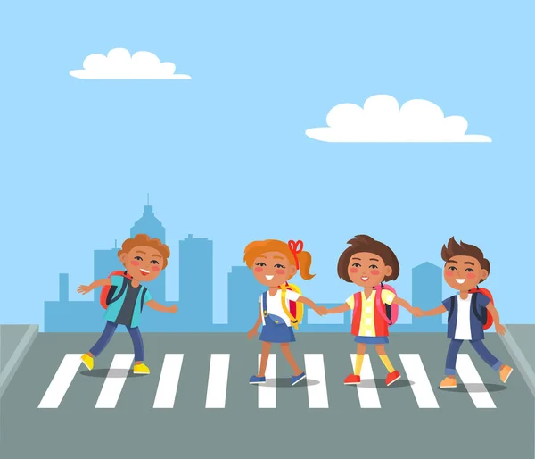 Kids Crossing Road in City ilustração dos desenhos animados — Vetor de Stock