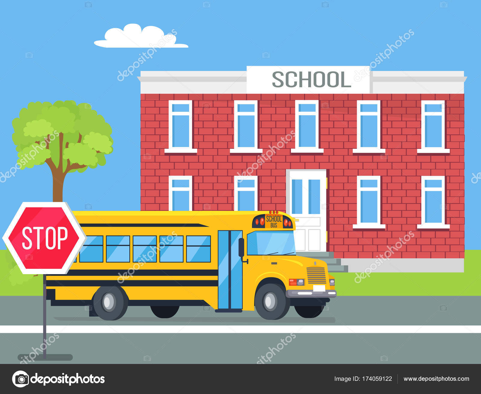 Bussen står foran Brick School Illustrasjon stockvektor © robuart #174059122, image size:1024x839