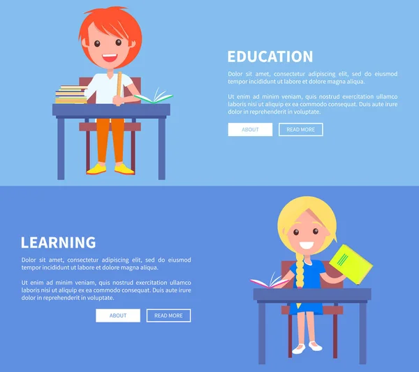 Образование: набор плакатов с мальчиком и девочкой — стоковый вектор