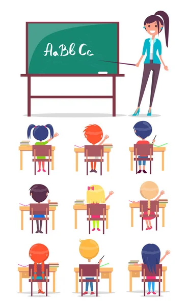 ABC Lesson in Primary School. Children Sit at Desk — Stock Vector