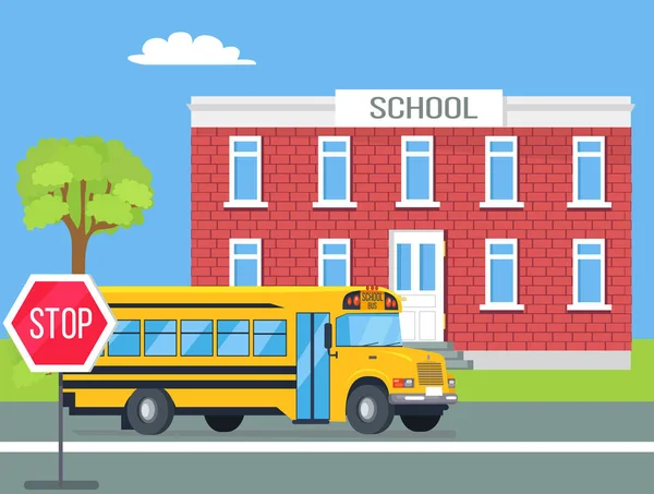 Autobús parado frente a la escuela de ladrillo Ilustración — Vector de stock