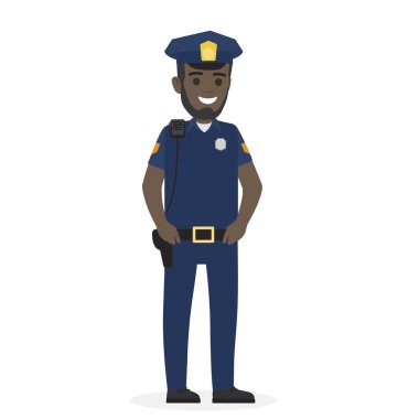 Mutlu siyah polis memuru elleri Kemerinde duruyor.