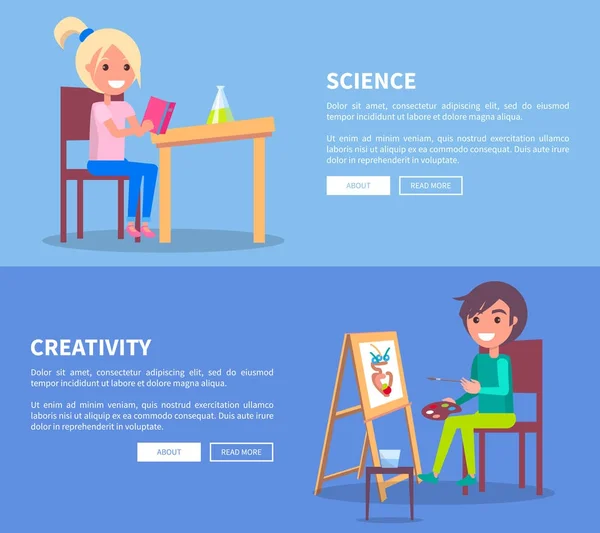 Kız ve erkek ile bilim yaratıcılık posterler koymak — Stok Vektör