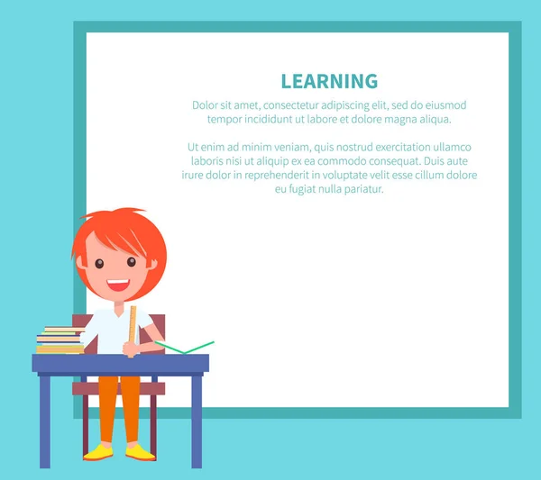 Banner de aprendizaje con Redhead Boy con libro de texto — Vector de stock