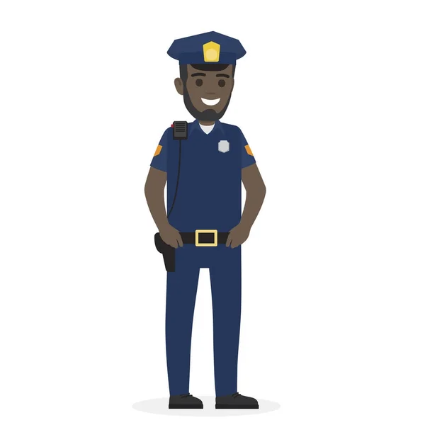 Oficial de policía negro feliz mantiene sus manos en el cinturón — Vector de stock