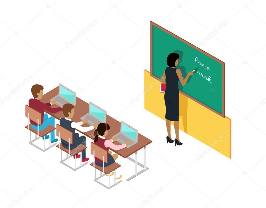 Teacher Writing on Blackboard and Pupils at Desks