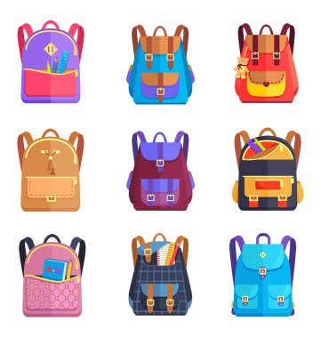Renkli turistik arka çantalar grubu kız ya da erkek vektör için