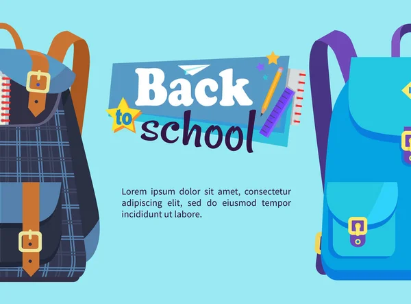 Voltar ao Cartaz Escolar com Rucksack Schoolchild — Vetor de Stock