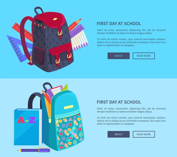 Primo giorno a scuola Poster con Schoolbag e Book — Vettoriale Stock