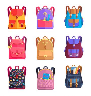 Renkli turistik arka çantalar grubu kız ya da erkek vektör için