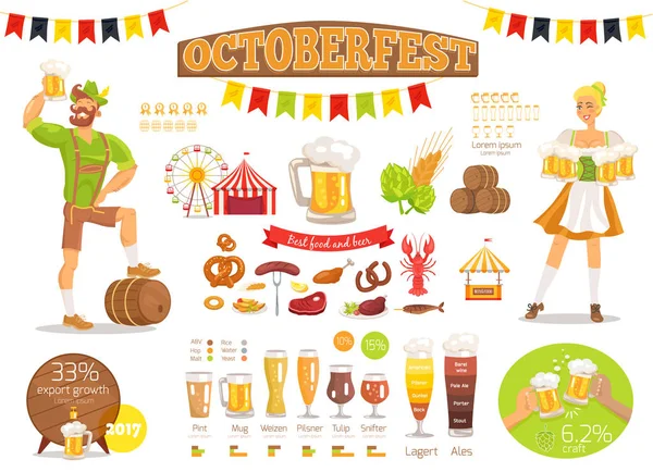 Oktoberfest Vector Poster Depicting Food and Beer — Stock Vector