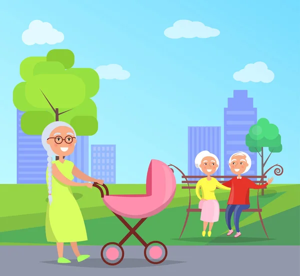 Boldog nagyszülők nap idősebb pár-padon — Stock Vector