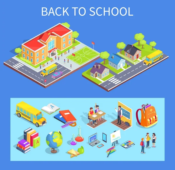 Back to School Collection of Illustrations on Blue — Stock Vector