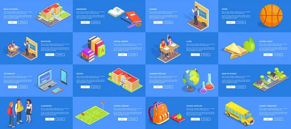 Uppsättning av affischer med inskriptioner ägnas åt skolan — Stock vektor