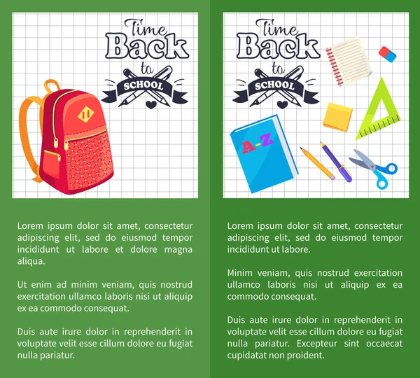 Tid tillbaka till skolan affischer ryggsäck på bipacksedeln — Stock vektor