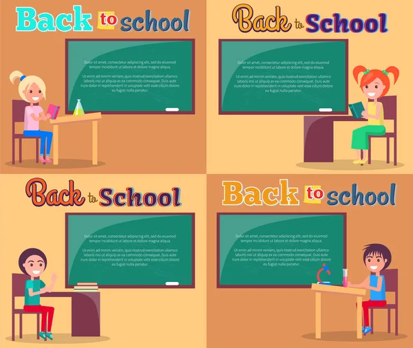 Плакаты "Вернемся в школу" для мальчиков и девочек — стоковый вектор