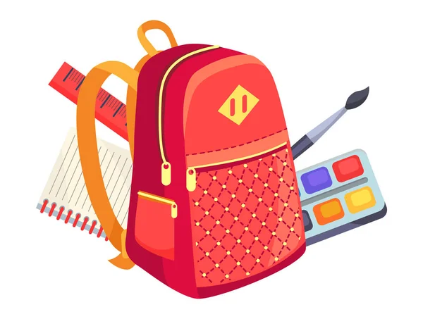 Side View on Kids Backpack and Paints with Brush — Stock Vector